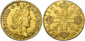 FRANCE, Royaume, Louis XIV (1643-1715), AV louis d''or à la mèche longue, 1651A, Paris. D/ T. laurée à d. R/ Croix formée de huit L couronnés, cantonn...