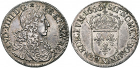 FRANCE, Royaume, Louis XIV (1643-1715), AR demi-écu au buste juvénile, 1666N, Montpellier. 1er type. D/ B. à d., les cheveux longs, l., dr. et cuir. R...