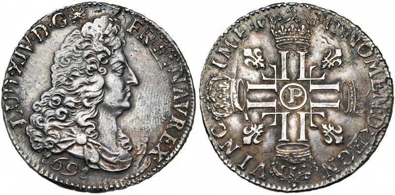 FRANCE, Royaume, Louis XIV (1643-1715), AR demi-écu aux huit L, 1691P, Dijon. 1e...
