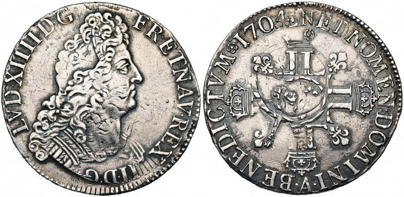 FRANCE, Royaume, Louis XIV (1643-1715), AR écu aux huit L, 1704A, Paris. 2e type...