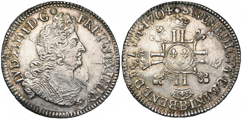 FRANCE, Royaume, Louis XIV (1643-1715), AR demi-écu aux huit L, 1704B, Rouen. 2e...