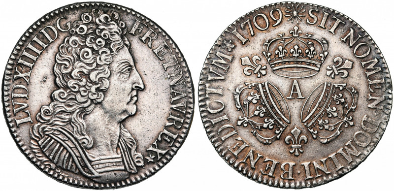 FRANCE, Royaume, Louis XIV (1643-1715), AR écu aux trois couronnes, 1709A, Paris...