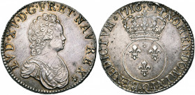 FRANCE, Royaume, Louis XV (1715-1774), AR écu Vertugadin, 1716Q, Perpignan. Flan neuf. D/ B. enfantin à d., dr. et cuir. R/ Ecu de France rond, couron...