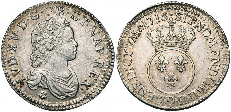 FRANCE, Royaume, Louis XV (1715-1774), AR demi-écu Vertugadin, 1716D, Lyon. Réfo...