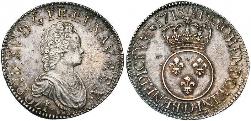 FRANCE, Royaume, Louis XV (1715-1774), AR écu Vertugadin, 1718D (regravé sur 171...