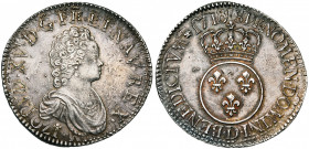 FRANCE, Royaume, Louis XV (1715-1774), AR écu Vertugadin, 1718D (regravé sur 1716), Lyon. Réformation. D/ B. enfantin à d., dr. et cuir. R/ Ecu de Fra...