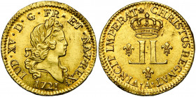FRANCE, Royaume, Louis XV (1715-1774), AV louis d''or aux deux L, 1721A, Paris. Sur flan neuf. D/ B. nu, lauré à d. R/ Deux L adossés sous une couronn...