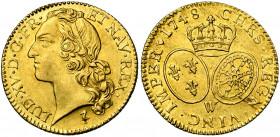 FRANCE, Royaume, Louis XV (1715-1774), AV louis d''or au bandeau, 1748W, Lille. D/ T. à g., ceinte d''un bandeau. R/ Ecus ovales de France et de Navar...