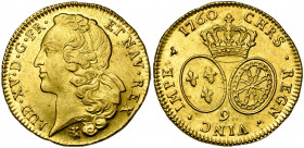 FRANCE, Royaume, Louis XV (1715-1774), AV double louis d''or au bandeau, 17609, Rennes. D/ T. à g., ceinte d''un bandeau. R/ Ecus ovales de France et ...