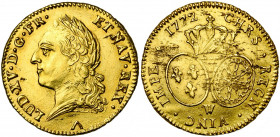 FRANCE, Royaume, Louis XV (1715-1774), AV double louis d''or à la vieille tête, 1772W, Lille. D/ T. l. à g., la base du cou drapée. R/ Ecus ovales de ...