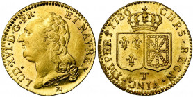 FRANCE, Royaume, Louis XVI (1774-1793), AV louis d''or à la tête nue, 1786T, Nantes. D/ T. nue à g., les cheveux longs. Différent: lévrier assis (M.-F...