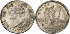 FRANCE, Constitution (1791-1792), AR 30 sols, 1791A, an 3, Paris. Type FRANCOIS. D/ T. nue à g., les cheveux noués par un ruban. R/ Génie inscrivant l...