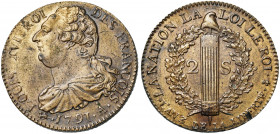 FRANCE, Constitution (1791-1792), 2 sols, 1791A, an 3, Paris. Type FRANCOIS. D/ B. dr. à g. R/ Faisceau dans une couronne de chêne. Dupl. 1722; Gad. 2...