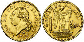 FRANCE, Constitution (1791-1792), AV louis d''or constitutionnel, 1792A, an 4, Paris. D/ T. nue à g., les cheveux noués par un ruban. R/ Génie inscriv...