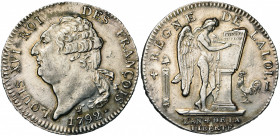 FRANCE, Constitution (1791-1792), AR écu constitutionnel, 1792I, an 4, Limoges. Type FRANCOIS. D/ T. nue à g., les cheveux noués par un ruban. R/ Géni...