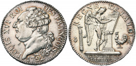 FRANCE, Constitution (1791-1792), AR demi-écu constitutionnel, 1792A, an 4, Paris. Type FRANCOIS. D/ T. nue à g., les cheveux noués par un ruban. R/ G...