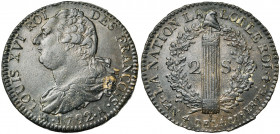 FRANCE, Constitution (1791-1792), Métal de cloche 2 sols, 1792A, an 4, Paris. Type FRANCOIS. D/ B. dr. à g. R/ Faisceau dans une couronne de chêne. Du...