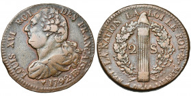 FRANCE, Constitution (1791-1792), 2 sols, 1792BB, an 4, Strasbourg. Type FRANCAIS. D/ B. dr. à g. R/ Faisceau dans une couronne de chêne. Dupl. 1722; ...