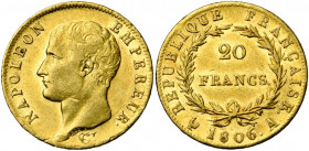 FRANCE, Napoléon Ier (1804-1814), AV 20 francs, 1806A, Paris. Gad. 1023. Petits coups.
Très Beau à Superbe