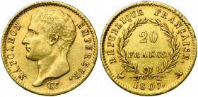 FRANCE, Napoléon Ier (1804-1814), AV 20 francs, 1807A, Paris. Tête nue. Type transitoire à la grosse tête. Gad. 1023a.
Très Beau