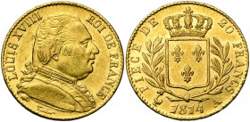 FRANCE, Louis XVIII, première restauration (1814-1815), AV 20 francs, 1814A, Paris. Chiffre 4 long. Gad. 1026; Fr. 525.
Très Beau à Superbe