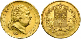 FRANCE, Louis XVIII, seconde restauration (1815-1824), AV 40 francs, 1818W, Lille. Gad. 1092; Fr. 536.
Très Beau à Superbe