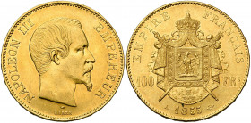 FRANCE, Napoléon III (1852-1870), AV 100 francs, 1855A, Paris. Gad. 1135; Fr. 569. Coup sur la tranche.
presque Superbe