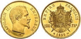 FRANCE, Napoléon III (1852-1870), AV 100 francs, 1855BB, Strasbourg. Tête nue. 5.049 p. frappées. Gad. 1135; Fr. 570. Fines griffes et petits coups. A...