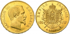 FRANCE, Napoléon III (1852-1870), AV 100 francs, 1857A, Paris. Gad. 1135; Fr. 569. Petits coups.
Très Beau à Superbe