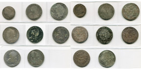 FRANCE, lot de 8 p.: Louis XIV, demi-écu à la mèche longue, 1651, Angers; Louis XV, écu aux rameaux d''olivier, 1736, Aix; écu au bandeau, 1762, Bayon...