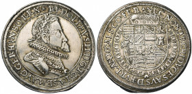 SAINT EMPIRE, Rodolphe II (1576-1612), AR Taler, s.d., Ensisheim. D/ B. l. et cuir. à d. R/ Grand écu couronné, entouré du collier de la Toison d''or....