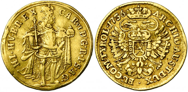 SAINT EMPIRE, Charles VI (1711-1740), AV ducat, 1736, Prague. Type hongrois. D/ ...