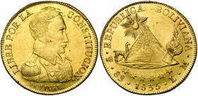 BOLIVIE, République (1825-), AV 8 escudos, 1835. Fr. 21. Fines griffes et coup sur la tranche.
Très Beau à Superbe