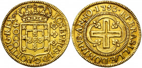 BRESIL, José Ier (1750-1777), AV moeda (4000 reis), 1753. D/ Ecu couronné. R/ Croix dans un quadrilobe orné. Gomes 63.03; Fr. 73. 8,01g.
Très Beau...
