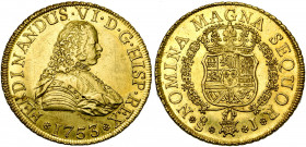 CHILI, Ferdinand VI (1746-1759), AV 8 escudos, 1753J, Santiago. D/ B. dr. et cuir. à d. R/ Ecu couronné, entouré du collier de la Toison d''or. Cal. 8...