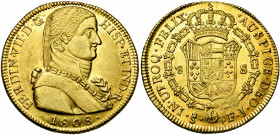 CHILI, Ferdinand VII (1808-1818), AV 8 escudos, 1808FJ, Santiago. Cal. 1860; Fr. 28. Petit coup sur la tranche.
Très Beau à Superbe