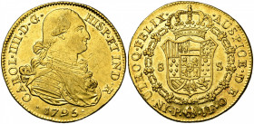 COLOMBIE, Charles IV (1788-1808), AV 8 escudos, 1795JF, Popayan. D/ B. dr. et cuir. à d. R/ Ecu couronné, entouré du collier de la Toison d''or. Cal. ...