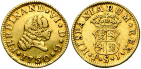 ESPAGNE, Ferdinand VI (1746-1759), AV 1/2 escudo, 1750PJ, Séville. D/ T. à d. R/ Ecu couronné. Cal. 573; Fr. 275. 1,76g.
Très Beau