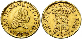 ESPAGNE, Ferdinand VI (1746-1759), AV 1/2 escudo, 1753PJ, Séville. D/ T. à d. R/ Ecu couronné. Cal. 576; Fr. 275. 1,77g.
presque Très Beau