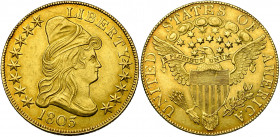 ETATS-UNIS, AV 10 dollars (eagle), 1803, Philadelphie. Draped bust. Grandes étoiles. D/ T. de la Liberté à d., coiffée d''un bonnet, au-dessus de la d...