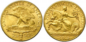 ETATS-UNIS, AV 2 1/2 dollars, 1915S. Panama Pacific Exposition à San Francisco. Fr. 122. Rare.
Provient de Numismatica Genevensis, vente 7, 28 novemb...