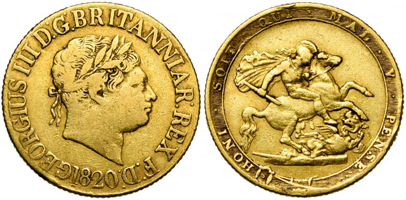 GRANDE-BRETAGNE, Georges III (1760-1820), AV souverain, 1820. S. 3785C; Fr. 371....