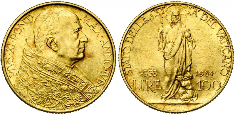 ITALIE, VATICAN, Pie XI (1922-1939), (Achille Ratti), AV 100 lire, 1933-1934. An...