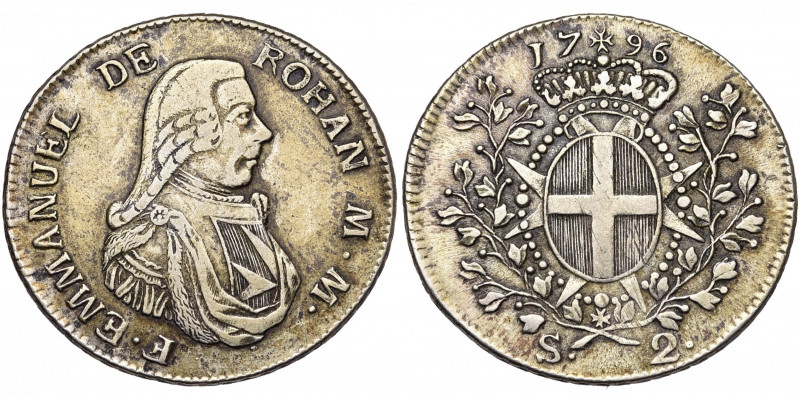 MALTE, Ordre de Saint-Jean, Emmanuel de Rohan (1775-1797), AR 2 scudi, 1796. D/ ...