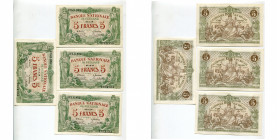 BELGIQUE, série de 4 billets de 5 francs, 29.12.1918, avec n° consécutifs. Légèrement cornés.
Neufs