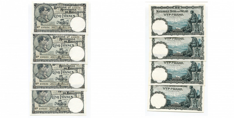 BELGIQUE, série de 4 billets de 5 francs, 04.08.1925, avec n° consécutifs.
Neuf...