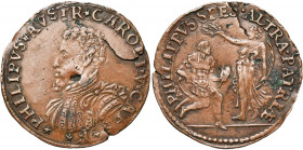 PAYS-BAS MERIDIONAUX, Cu jeton, s.d. (1555). Départ de Marie de Hongrie et intronisation de Philippe II. D/ B. cuirassé du prince à g. R/ PHILIPPVS SP...