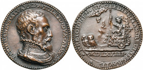 PAYS-BAS MERIDIONAUX, AE médaille, 1568 (1585/1586), Giannini. Victoires du duc d''Albe sur Guillaume d''Orange. D/ B. cuir. du duc à d., la barbe lon...