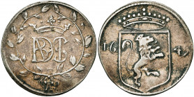 PAYS-BAS MERIDIONAUX, AR jeton, 1649. D/ Monogramme ABDMVS (?) dans une couronne. R/ Ecu au lion couronné, séparant la date. Dugn. -. 30mm 5,78g.
Trè...