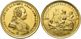 PAYS-BAS MERIDIONAUX, AE doré médaille, s.d. (1756), J. Roettiers. Prix de l''Académie royale des beaux-arts d''Anvers. D/ B. cuir. de Charles de Lorr...